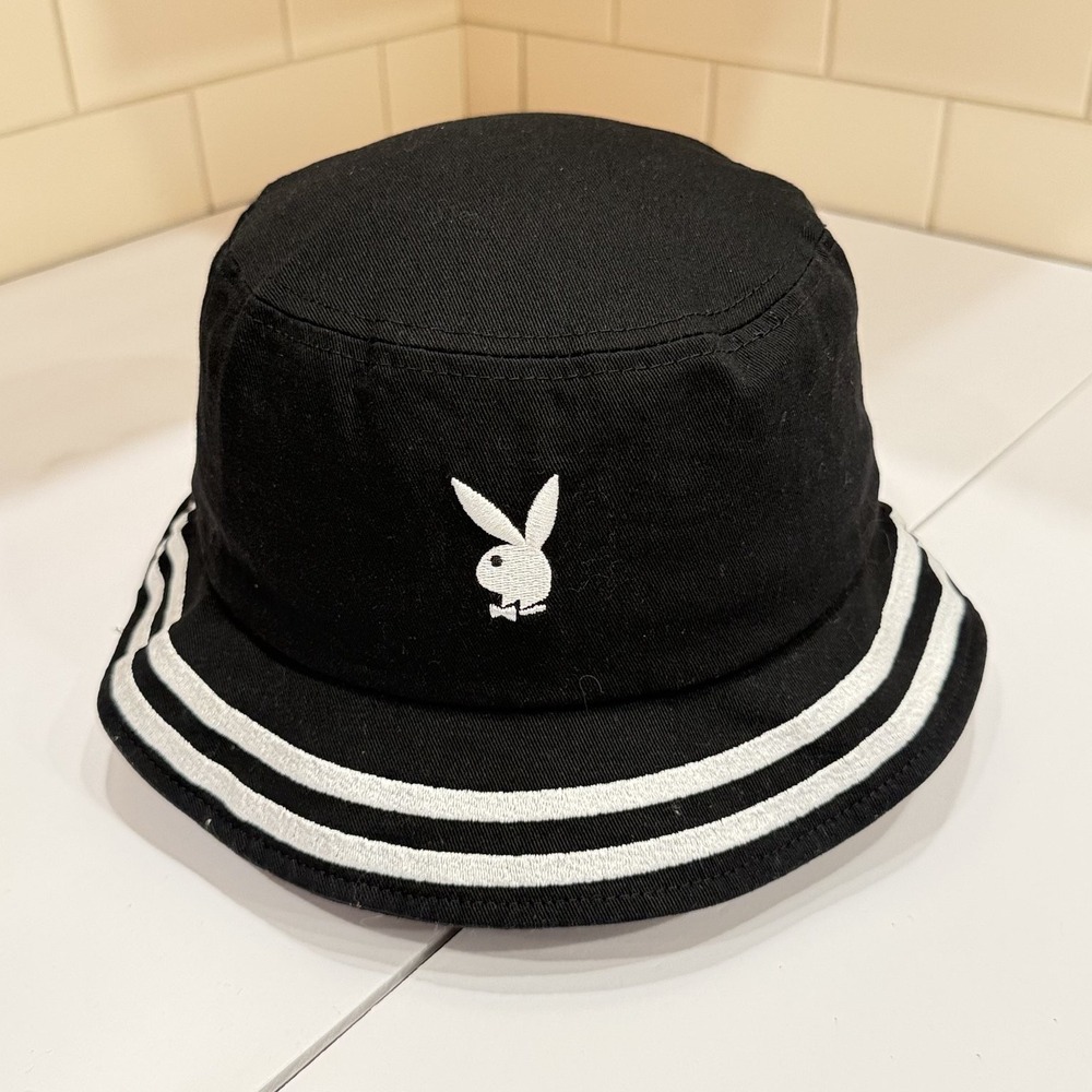 Playboy Bunny Bucket Hat Black White Striped Brim One Size Cotton